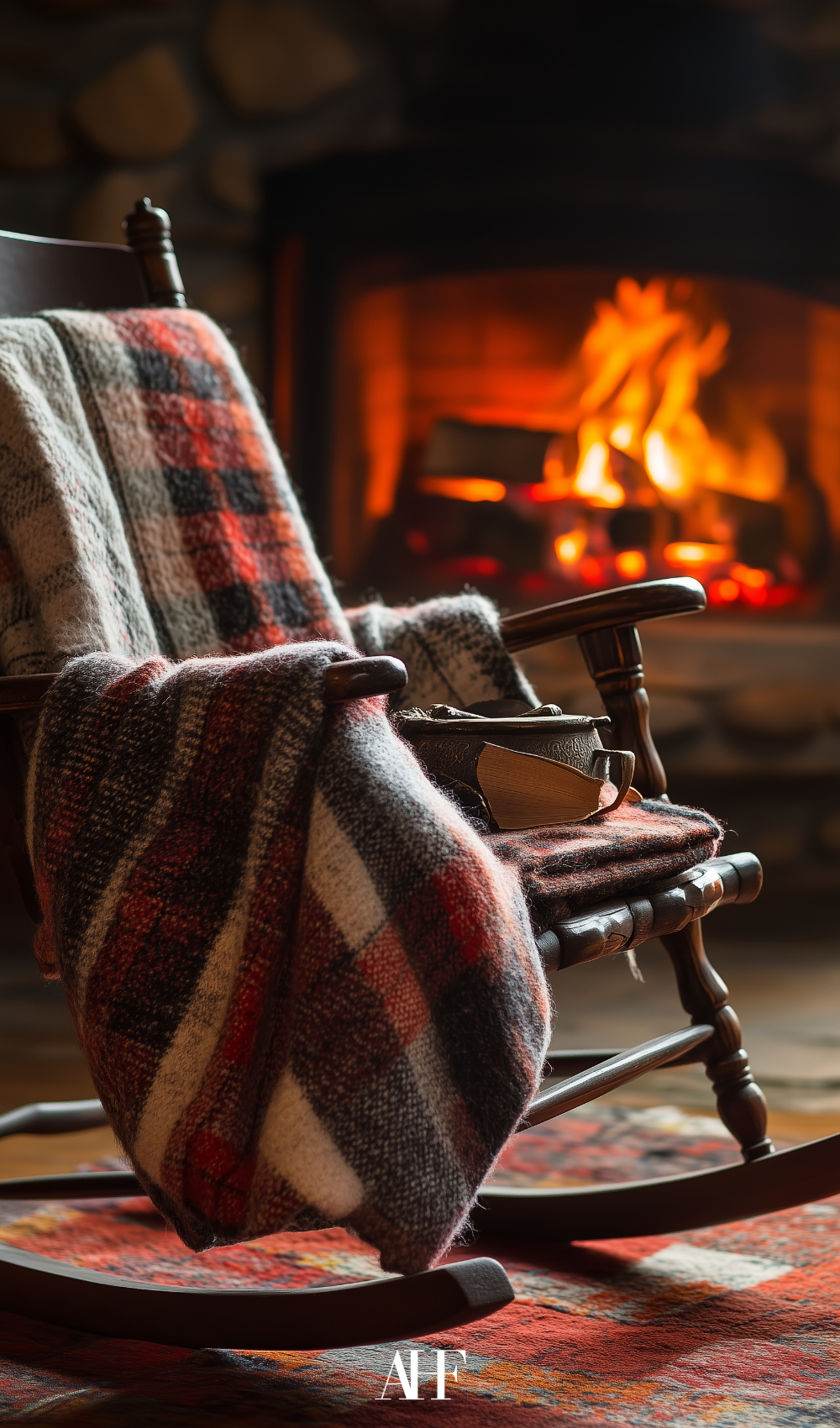 An old money fall vibe with houndstooth a checkered plaid and a wicker chair in front of a cozy fireplace.  
