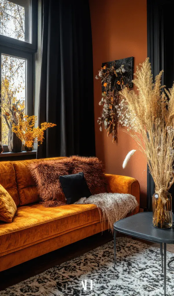 An orange sofa with some cozy pillows, lots of pampas grass on a coffee table. A patterned rug and a window behind the sofa. 
