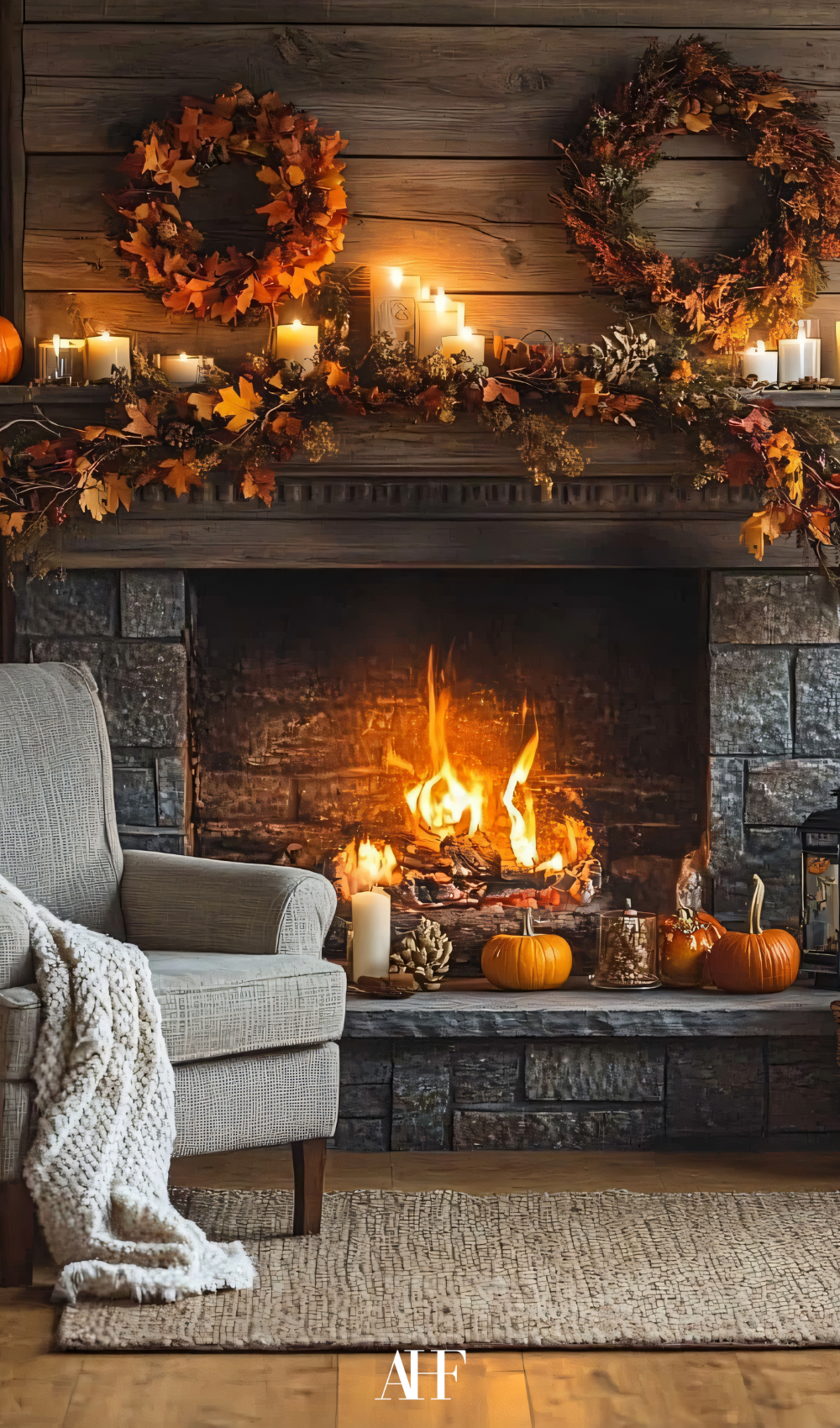 Cozy old money fall vibe with a large fireplace in stone, an armchair in front of it with a plaid. Lots of fall decorations on the mantle, as well as candles.  