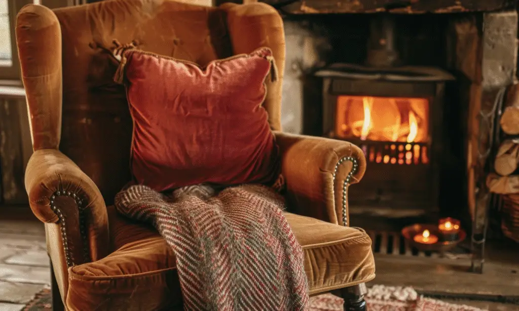 Old money fall vibe with a brown armchair and a rust pillow, along with a An orange sofa with a patterned blanket. A fireplace in the background.
