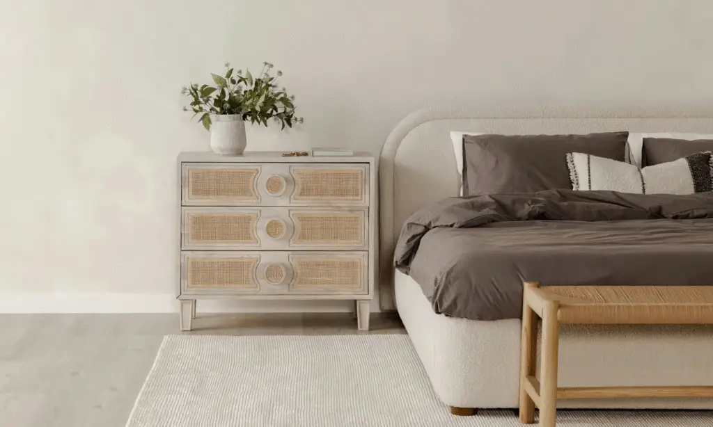A neutral bedroom with a beige bed and darker bedding, a rattan and white dresser with a plant on it.
