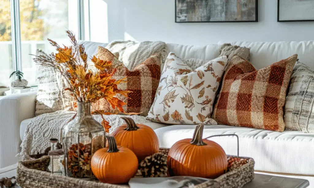 A cozy fall living room with fall inspired decor and rust pillows in a white couch.