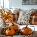 A cozy fall living room with fall inspired decor and rust pillows in a white couch.