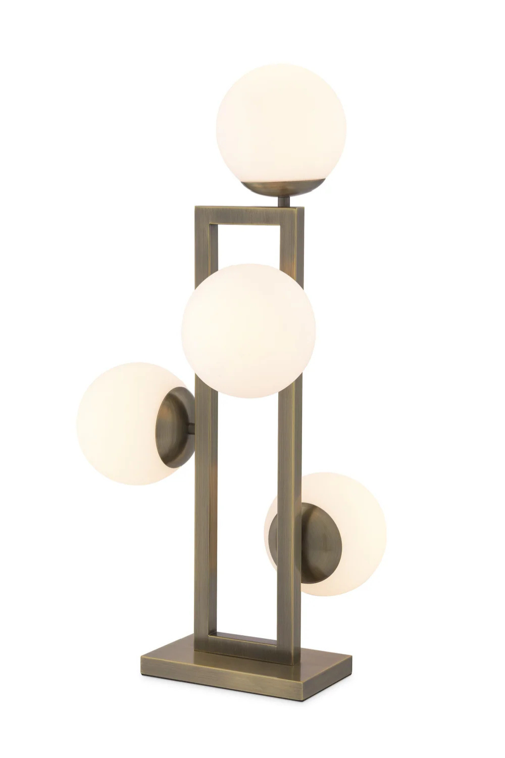 Mid century modern table lamps, a lamp with frosted glass globes and a white background.