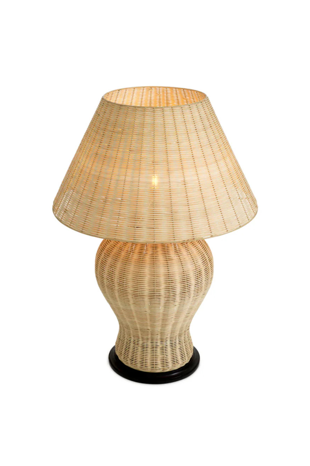 A beautiful rattan table lamp with a black bottom. A white neutral background.
