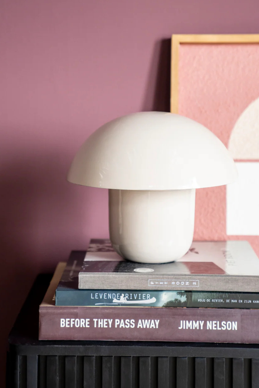 Domed Metal Table Lamp | By-Boo Toad, modern and trending table lamps. A lamp on a bench with a pink wall.