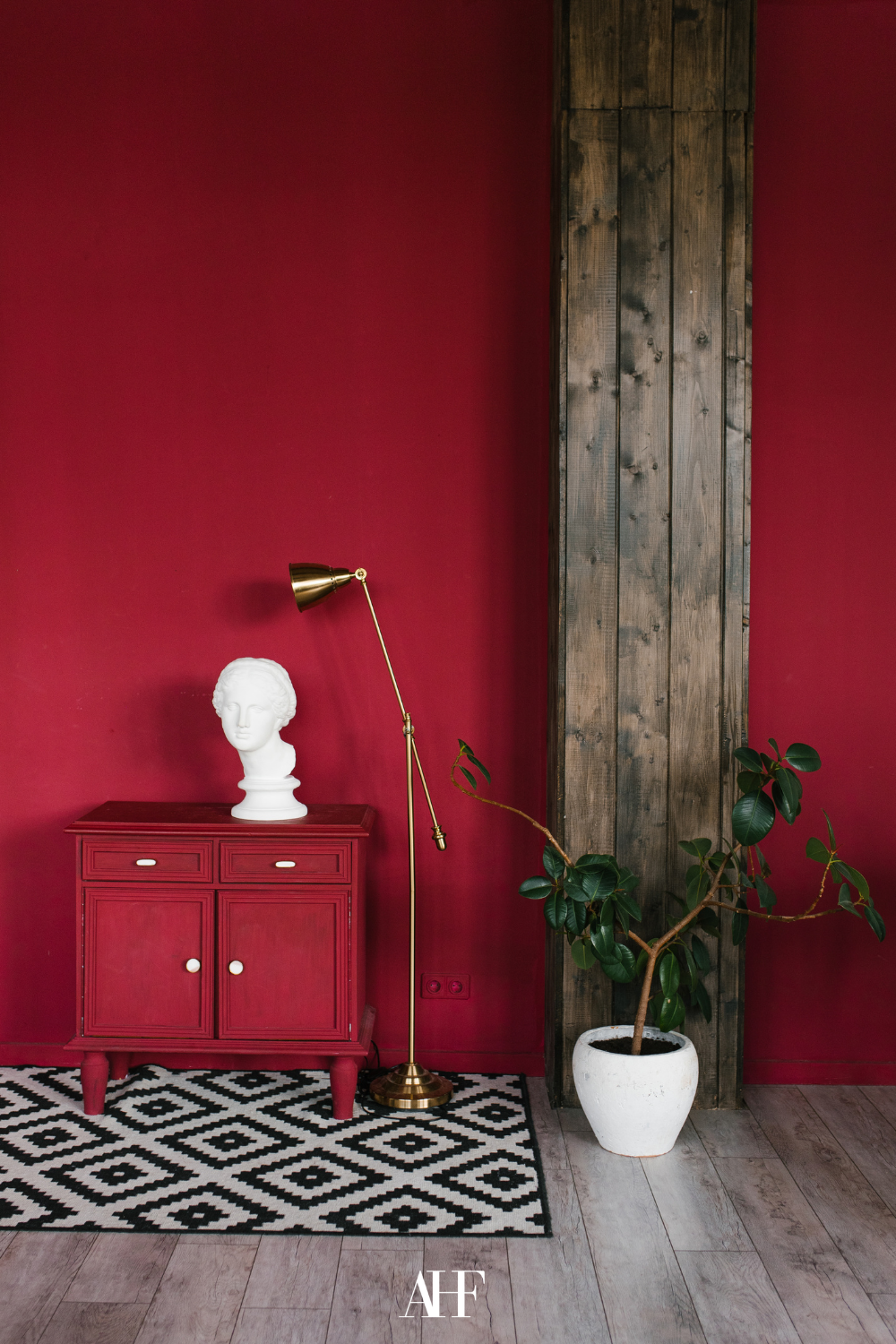 A cherry coded interior with a cherry red wall and a cherry red side board. A floor lamp and a plant. 