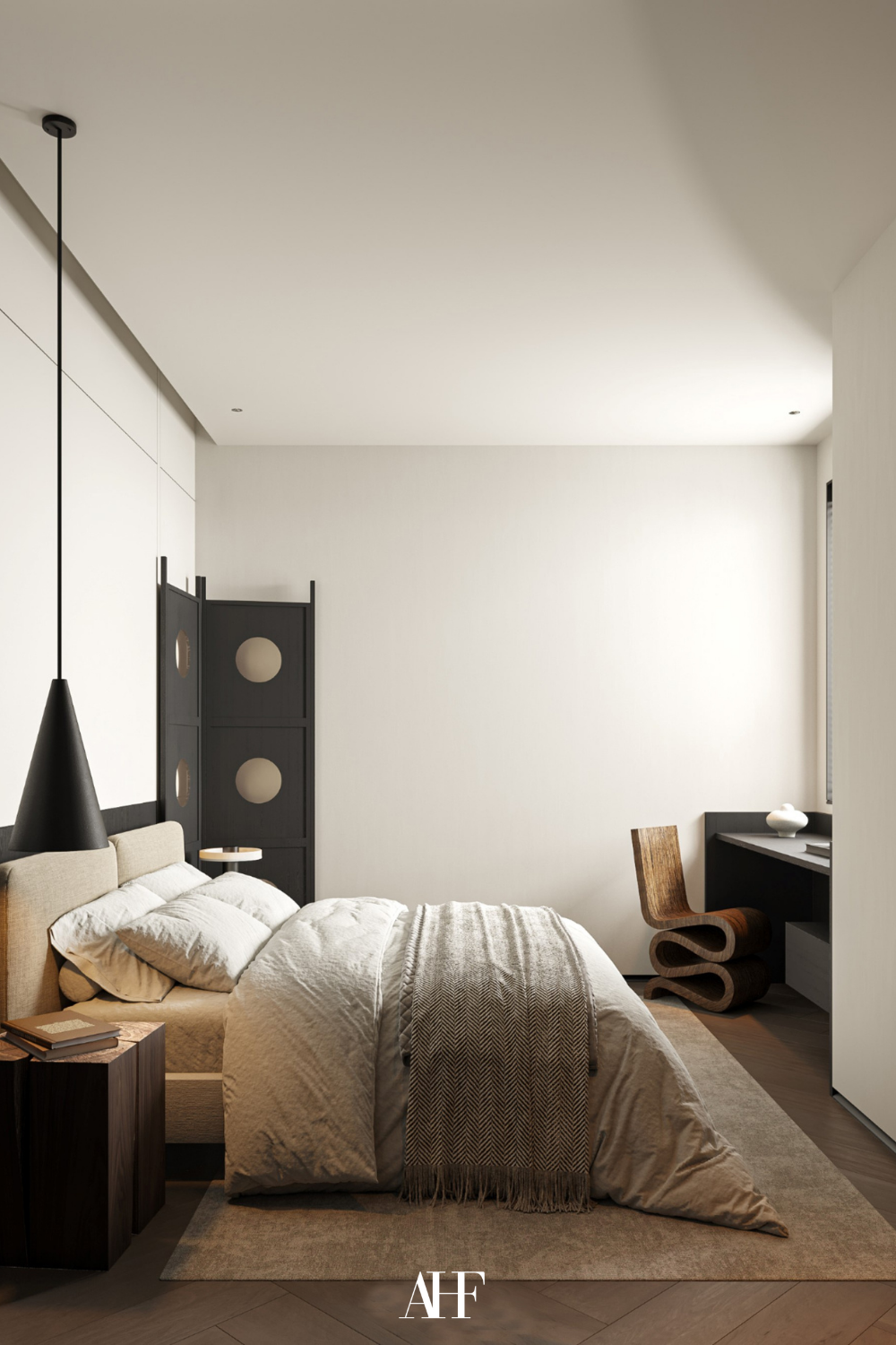 Beautiful japandi bedroom ideas with a large bed, a hanging ceiling lamp above the bedside table in wood. A wooden curved chair and a black wooden desk. Picture from the side.