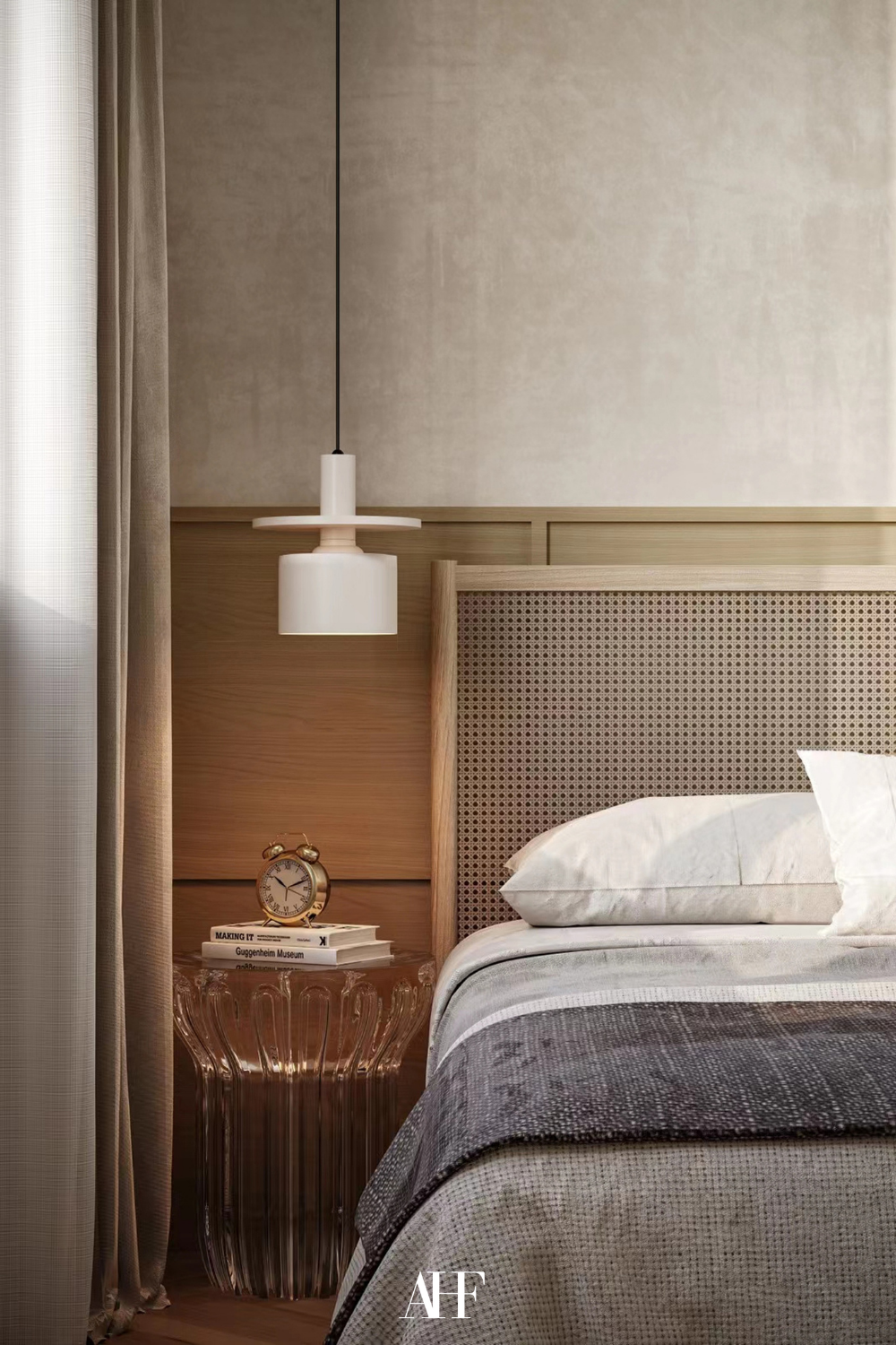 Japandi bedroom ideas with a wooden wall panel, a glass bedside table, a wooden bed frame and some neutral bedding. A large window with curtains to the left. 