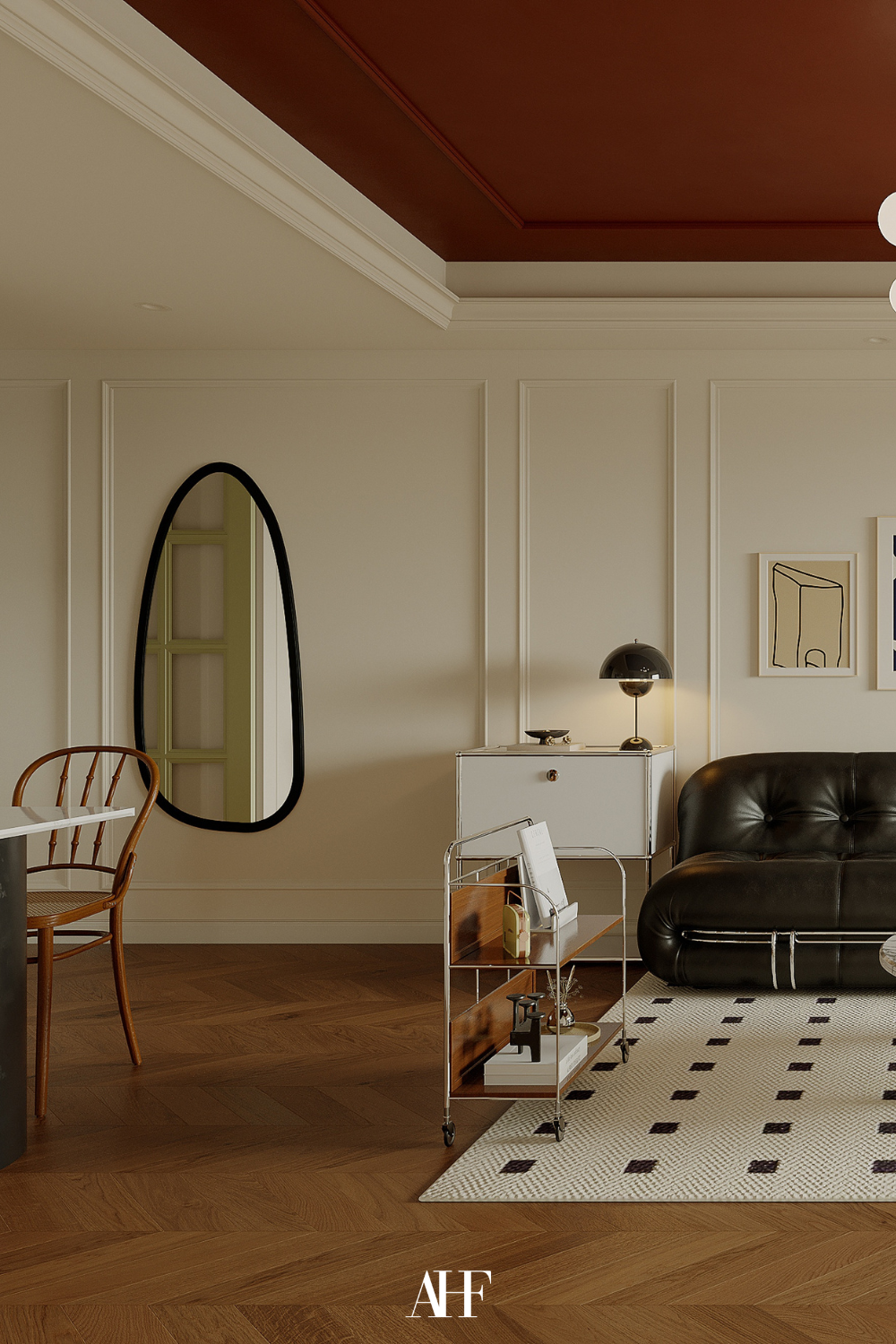 A beautiful vintage modern interior design home with a burgundy roof, a white and black rug and a black leather sofa. Mid century modern interior design style details.