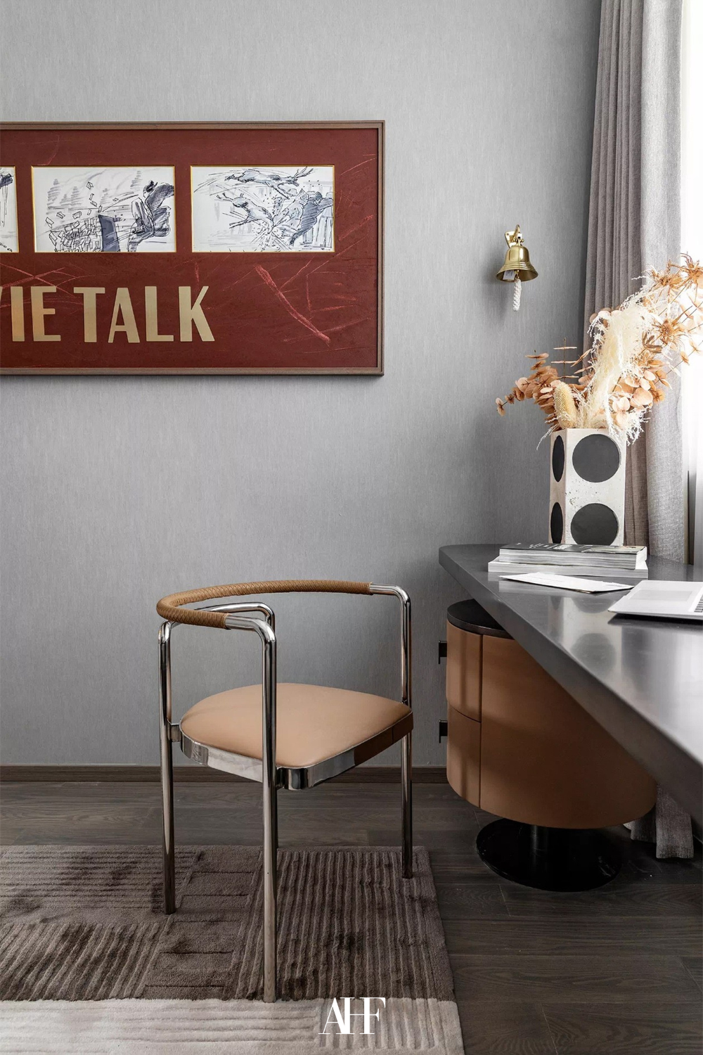 vintage minimalist interior design with a beautiful chair and a desk in minimal design and organic shapes.