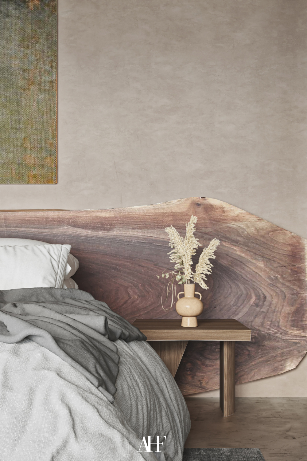 Japandi bedroom design with characteristic wooden details on the wall, white bedding and a wooden bedside table. 