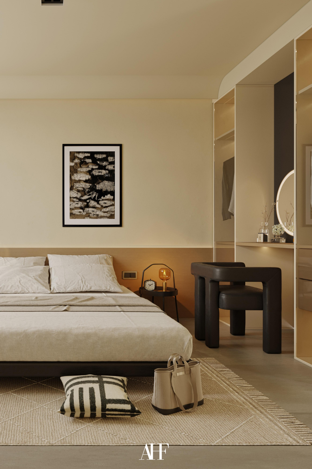 Japandi bedroom ideas with a black chair, a wooden bed, a wardrobe to the right and Japandi bedroom decor.