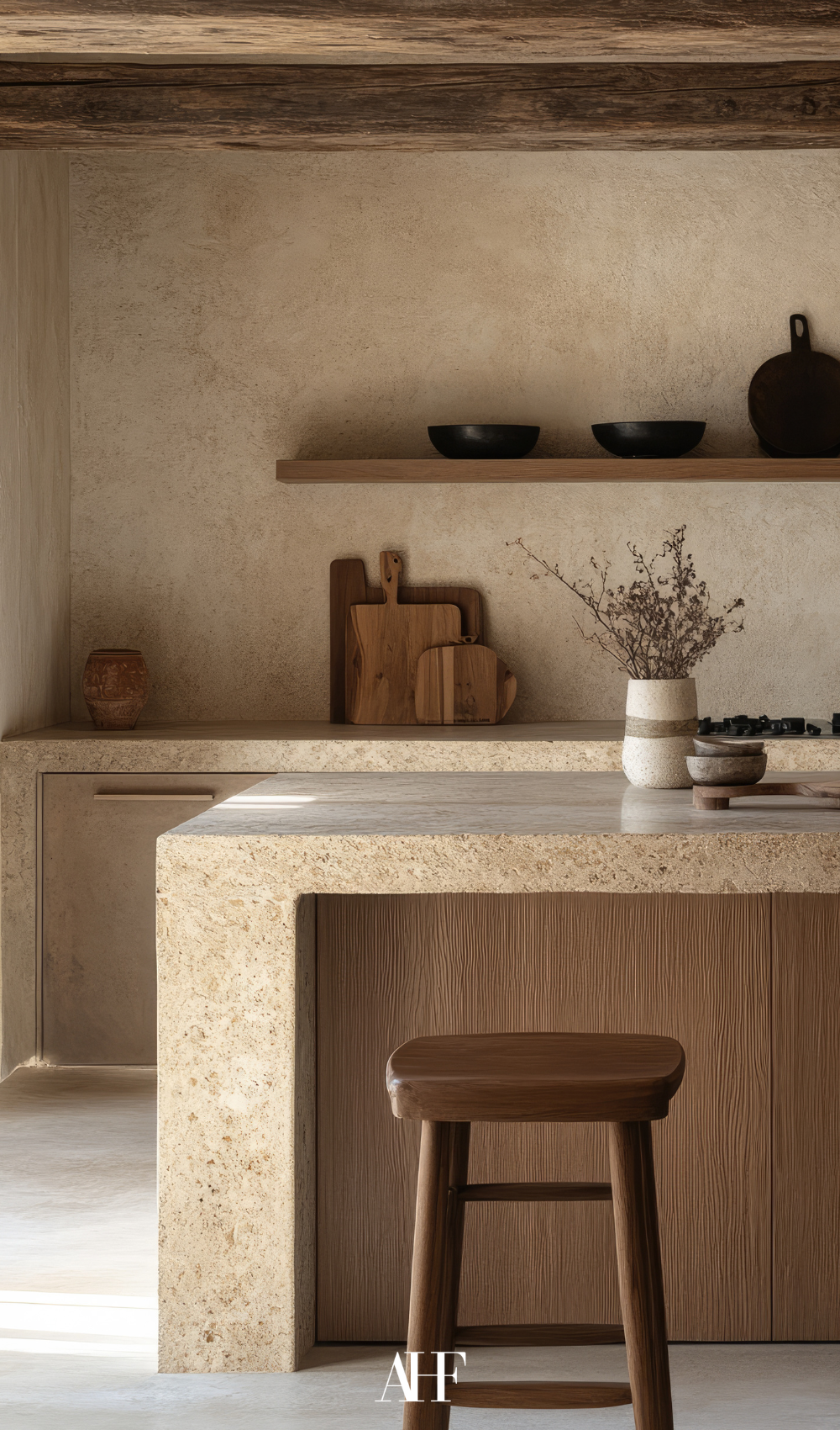 A beautiful Japandi kitchen with a large kitchen island and wooden kitchen chairs. Japandi kitchen accessories.