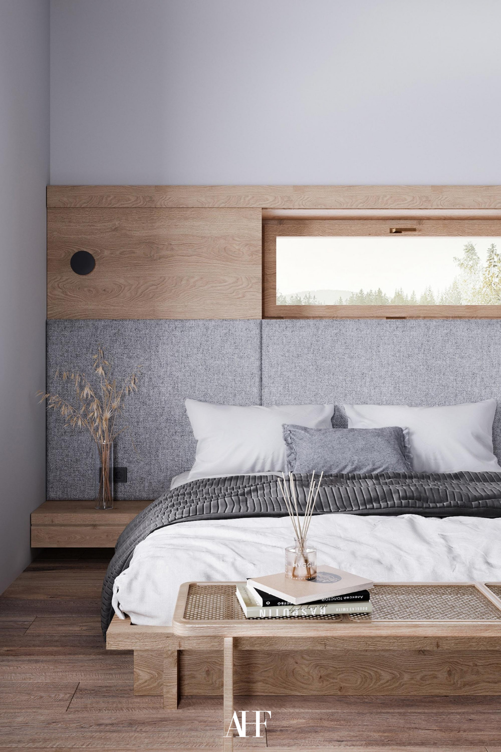 Japandi bedroom ideas with grey panels on the wall, along with wooden panels. A wooden bedside table and a bed with white bedding and grey details.