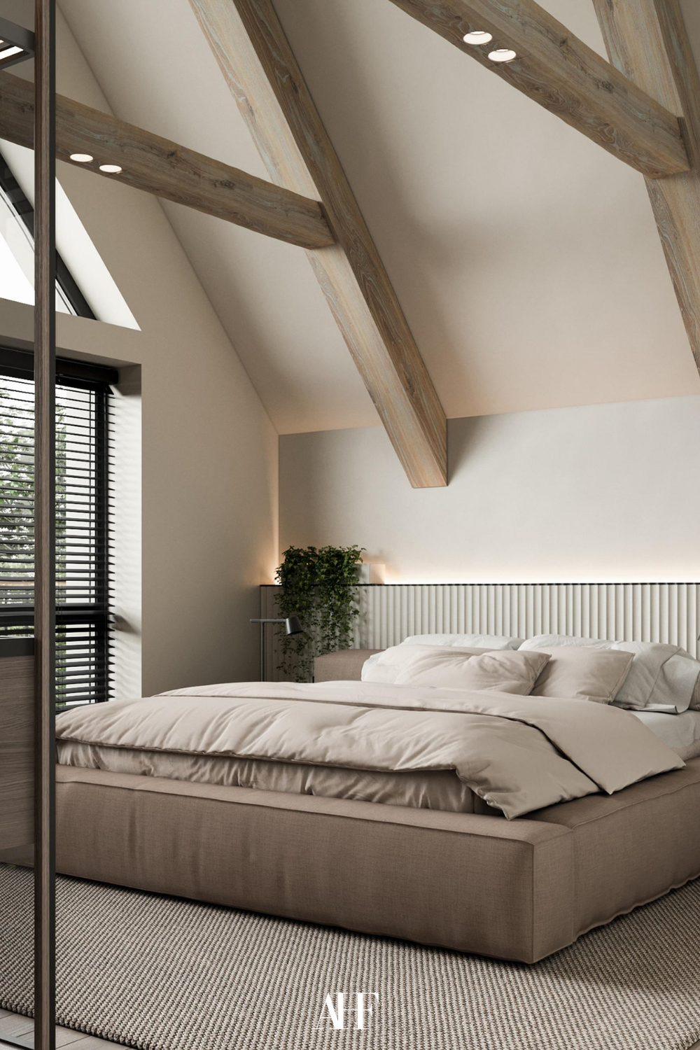 Japandi bedroom ideas with large windows, wooden beams and white bedding. Wooden panels on the wall.
