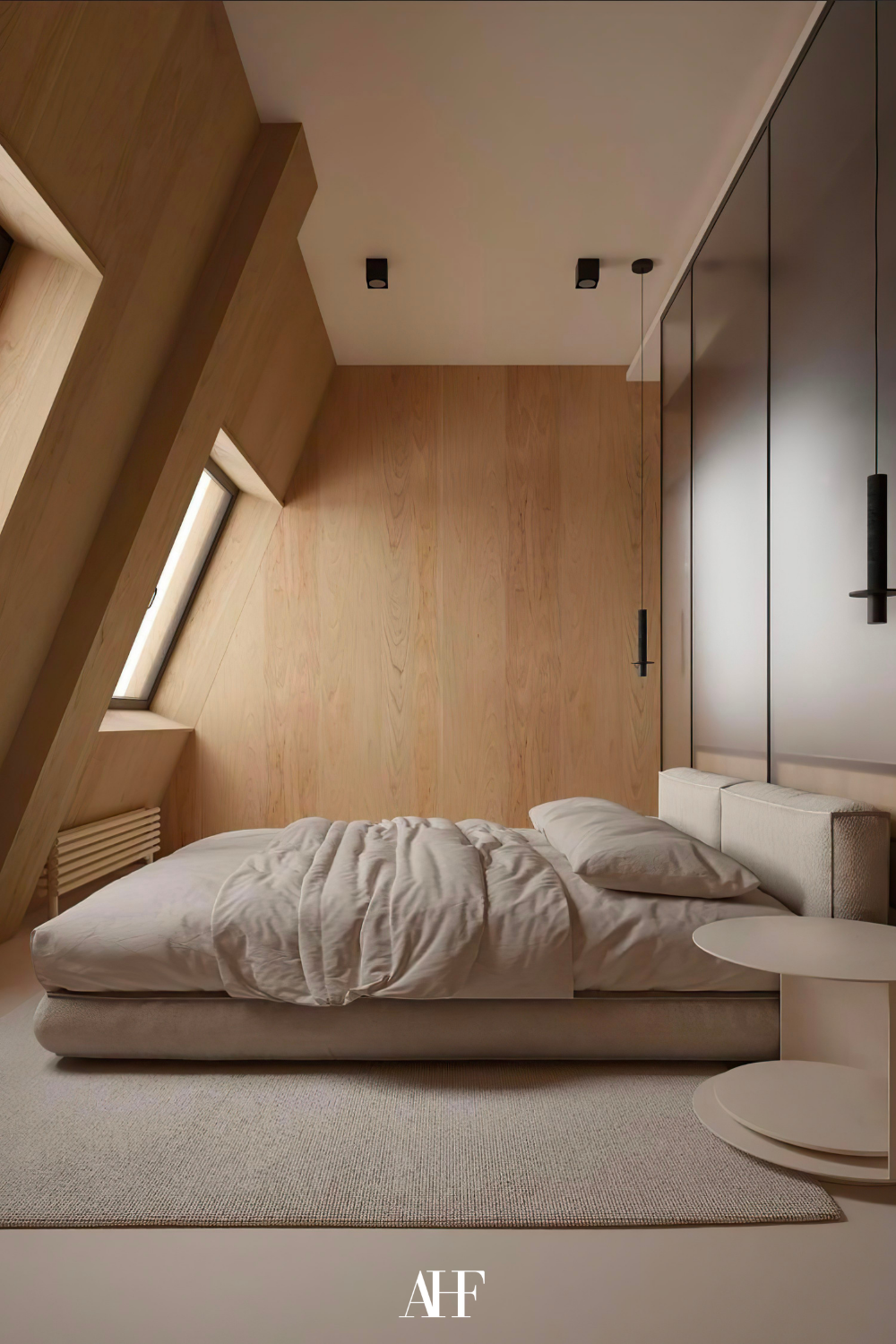 Wooden walls as a japandi interior design bedroom. A large bed with beige bedding.