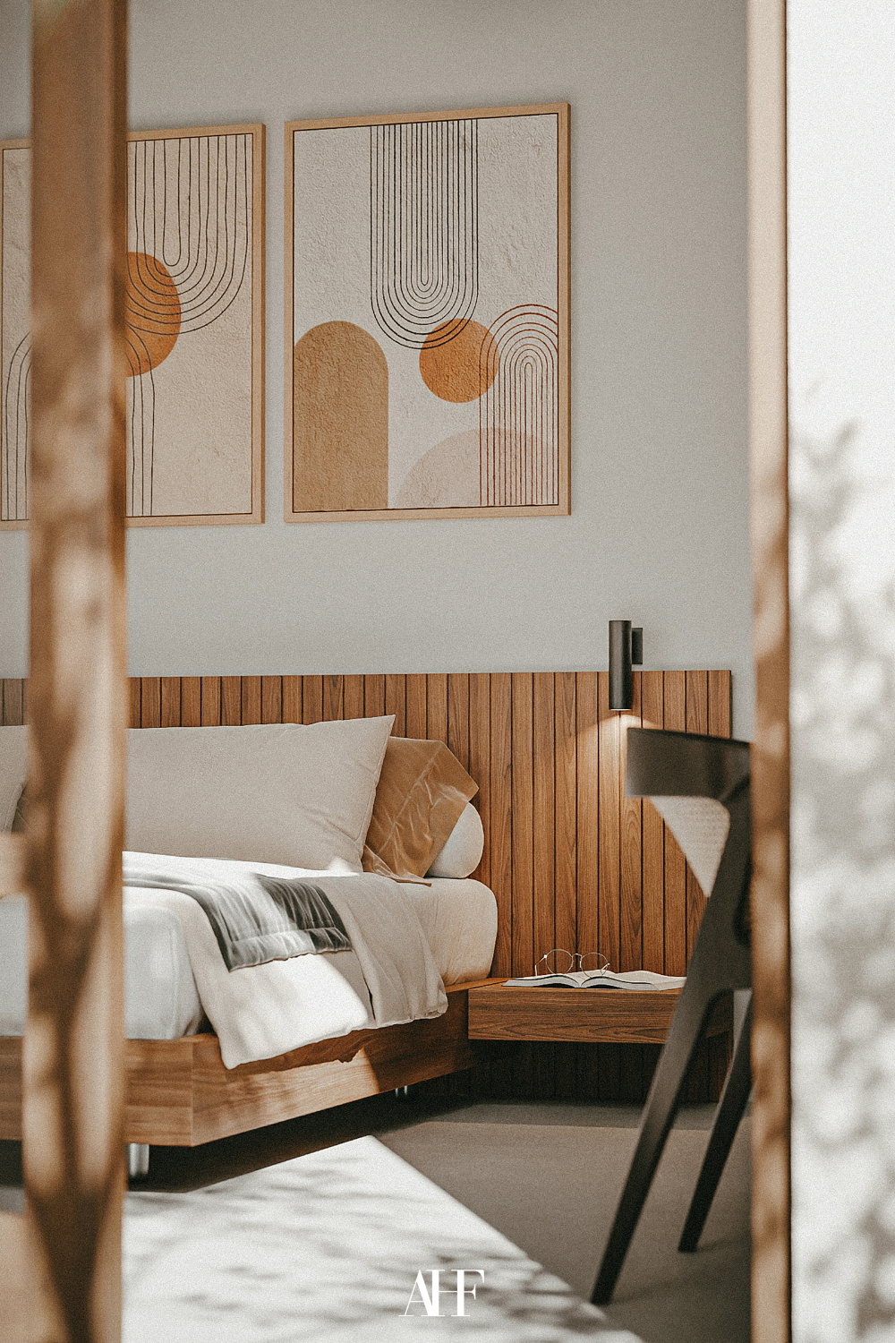 On half of the wall is a wooden wall panel. a wooden bedside table and a wooden bed frame. Two wall art above the wall. Japandi bedroom ideas.
