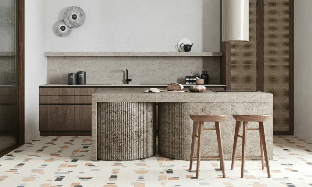 A Japandi kitchen design with a large stone kitchen island and wooden chairs.