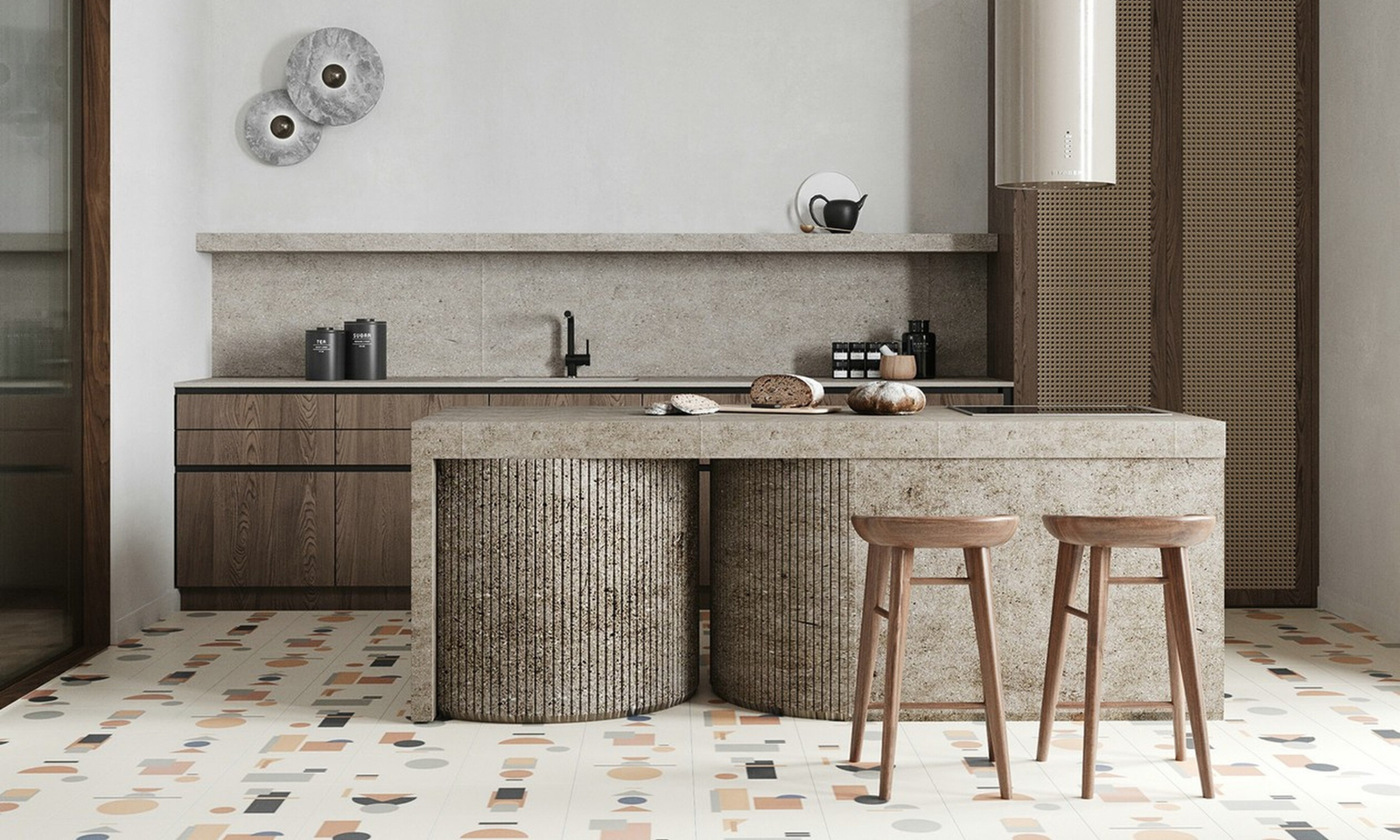 A Japandi kitchen design with a large stone kitchen island and wooden chairs.