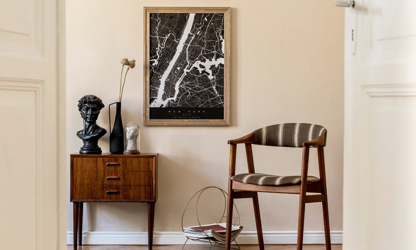 vintage modern interior design home with a wooden sideboard and a green and wooden chair.
