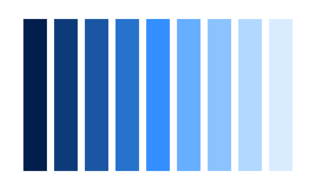 A color palette of blue showing clear value of the color.