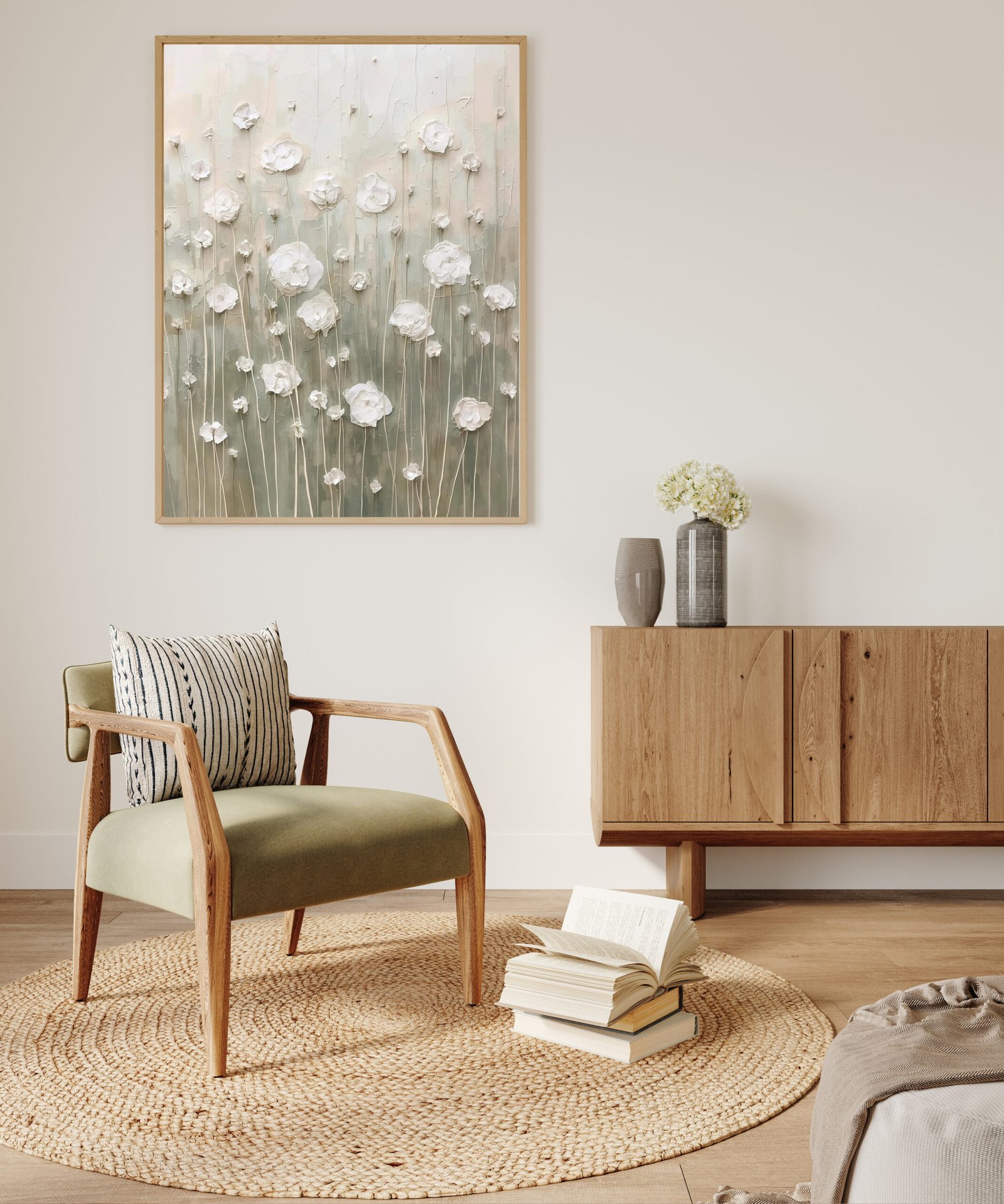This minimalist modern art poster features an abstract oil painting of a field of white flowers seen from above. The soft, neutral color palette of white, beige and soft green creates a calm and balanced composition, perfectly capturing a Scandinavian and Japanese-inspired aesthetic. Natural textures and subtle shadows add depth and sophistication to the artwork. Printed on high-quality matte paper, this piece brings understated elegance to any living space.