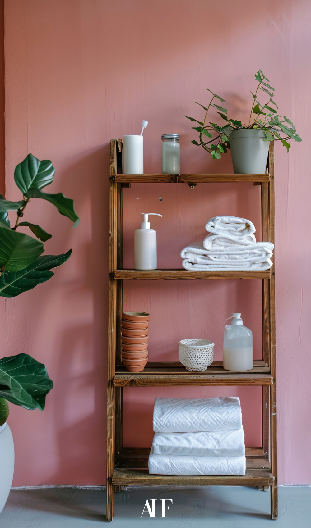 A pink wall with a wooden ladder shelf with bathroom articles. A plant to the left.