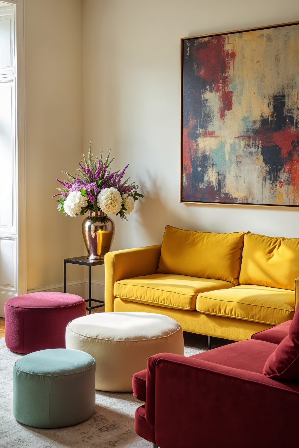 A colorful living room with a yellow sofa, a red sofa and a few footchairs. A colorful artwork and a bouquet of flowers.