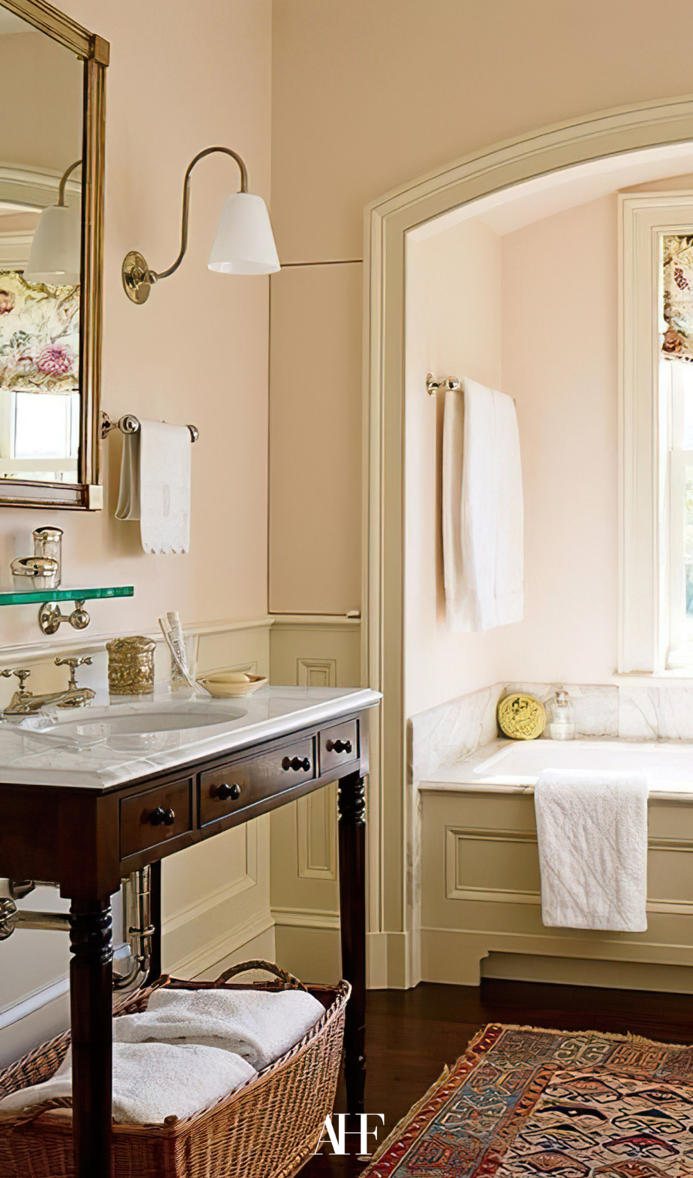 London townhouse style bathroom with a wooden cabinet, a bathtub and a large window. Victorian style details. 