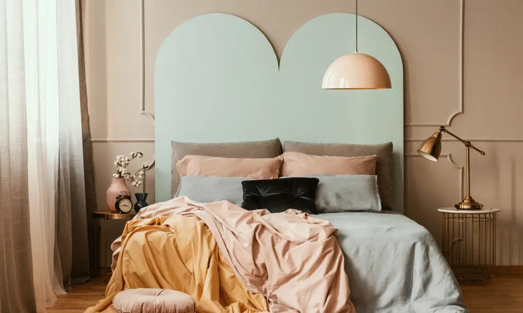 A beautiful and colorful bedroom with a turqouise bed frame and a muted colorful bedding. Well decorated.