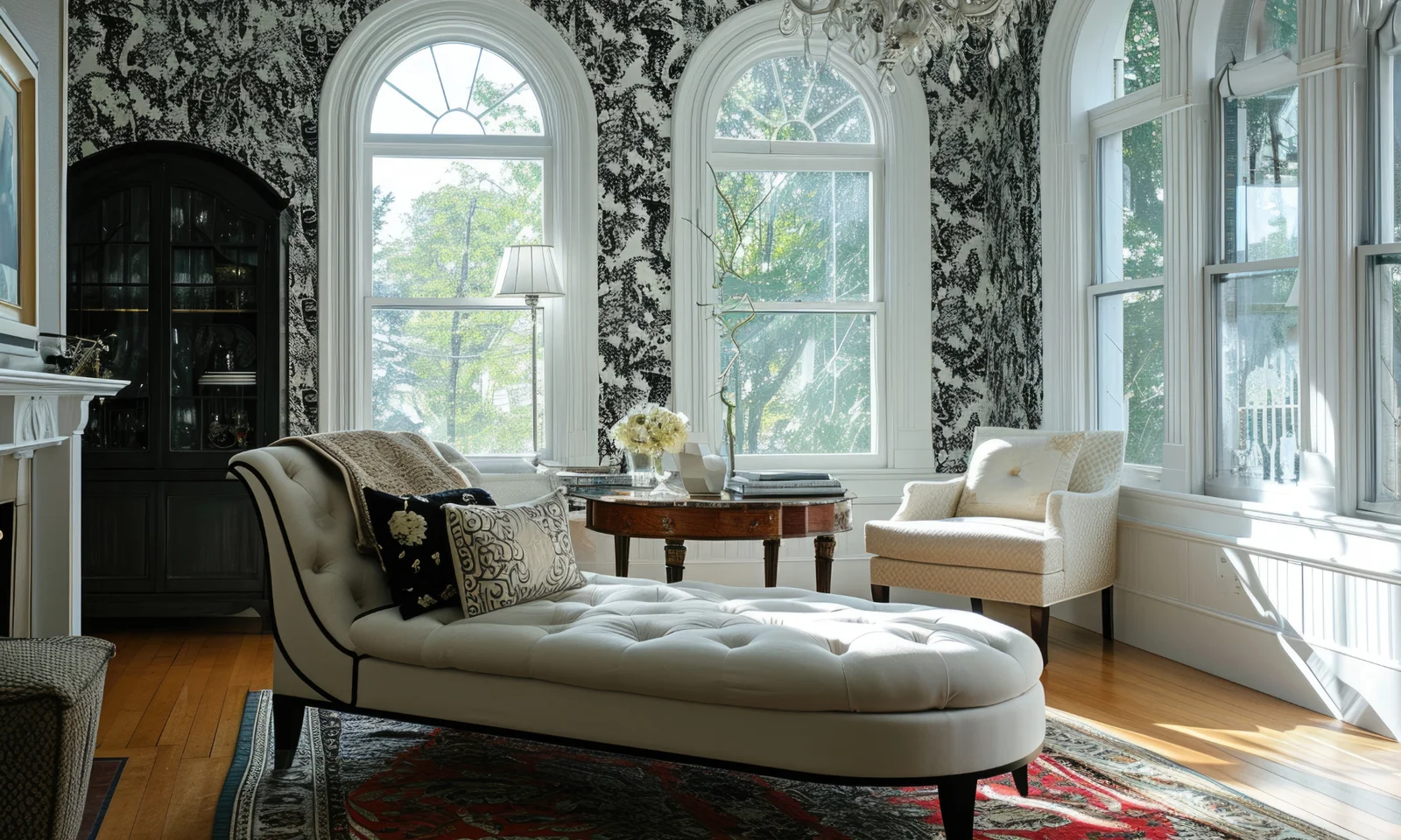A London townhouse interior with a chaise longue and patterned walls. Large curved windows.