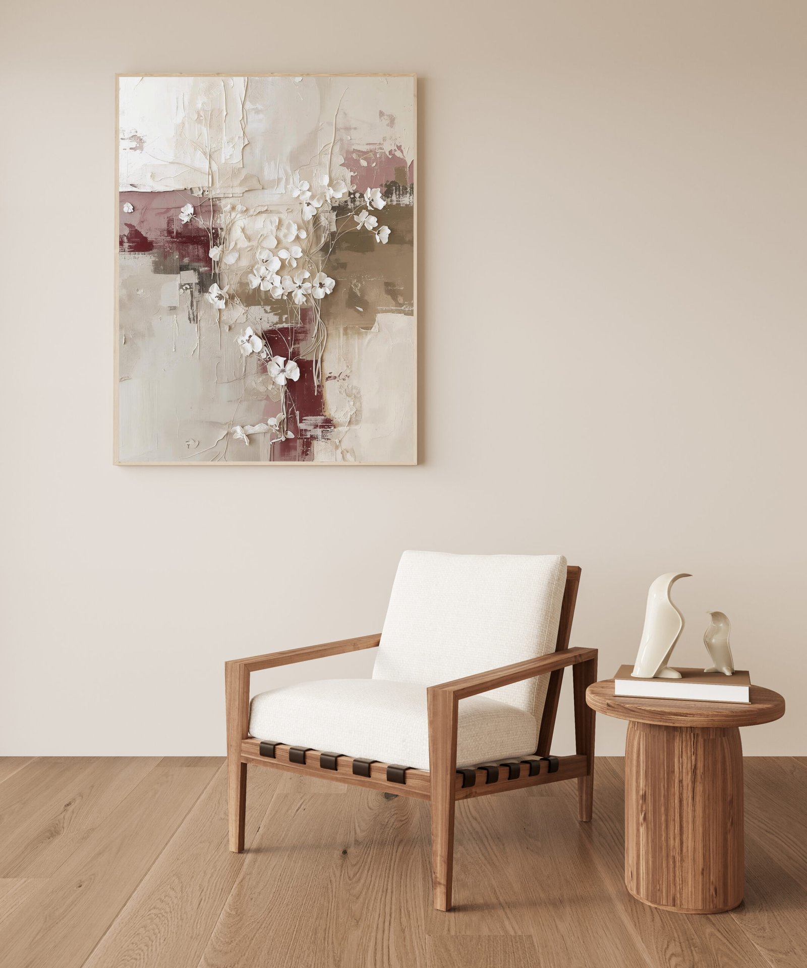 Bring a calm touch to your home with this vertical matte poster featuring an abstract oil painting of a white flower field from above. With a neutral color palette of white, beige, burgundy, and soft taupe. The artwork showcases natural textures, subtle shadows, and smudged lines, creating a calm and balanced composition. Perfectly blending Scandinavian and Japanese design influenced with minimalist modern aesthetics, this high-quality poster adds elegance to any room. Ideal for contemporary interiors, art enthusiasts, and anyone looking to enhance their living space with a peaceful, artistic vibe.