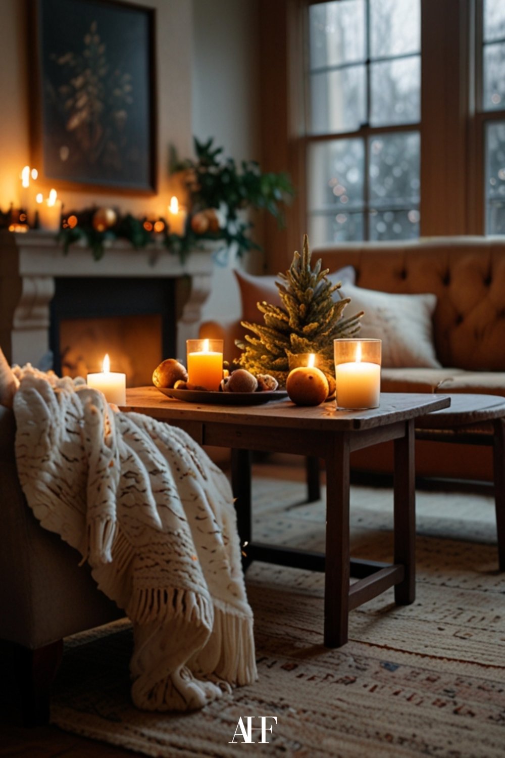 A cozy Christmas living room with two sofas, a fireplace and a coffee table with lots of candles on it. Cozy lighting in the room and a large window. 