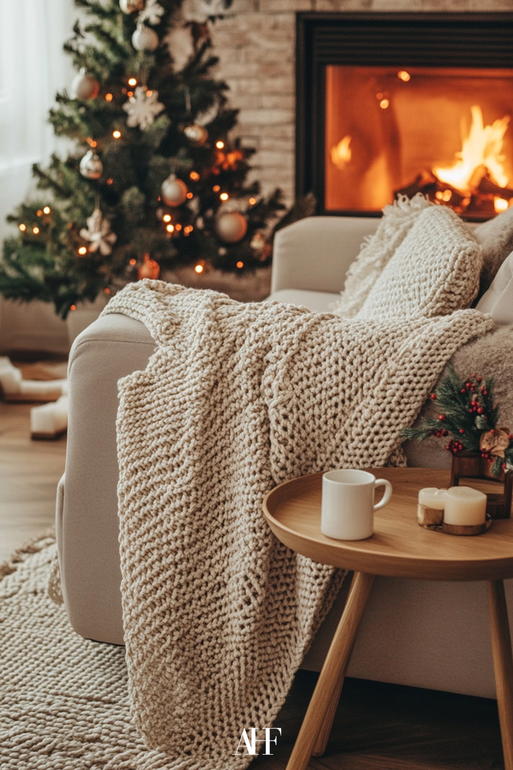 A cozy Christmas home with a beige sofa and a blanket hanging over the edge of the sofa, a wooden coffee table and a Christmas tree, as well as a fireplace in the background.