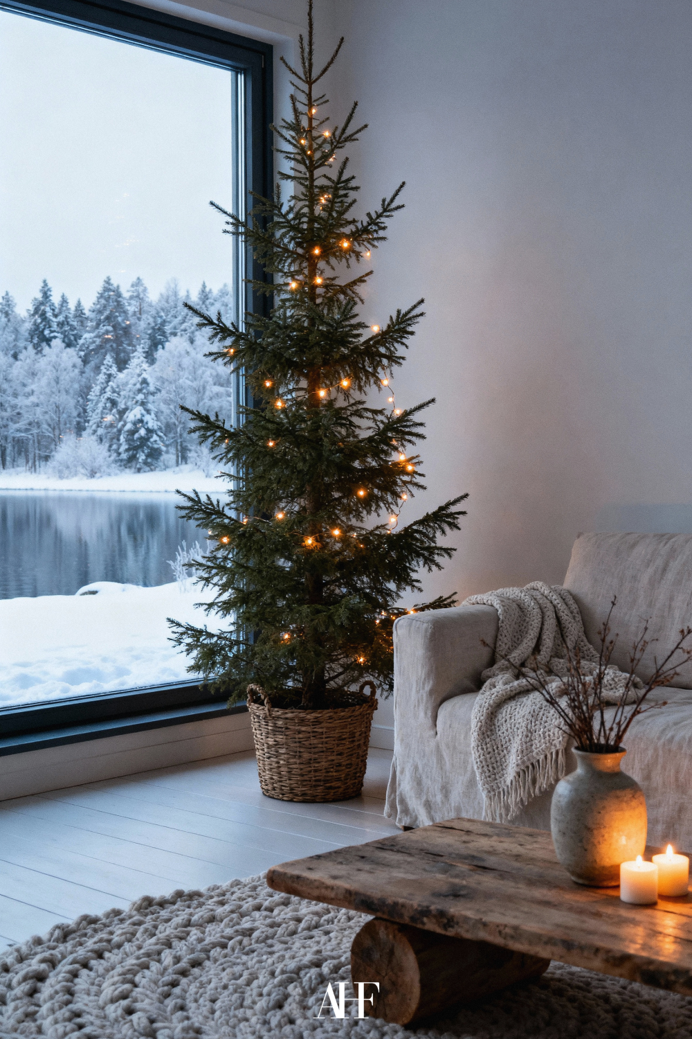 A cozy Christmas home with a cute tree, large windows, a beige sofa and a wooden coffee table. 