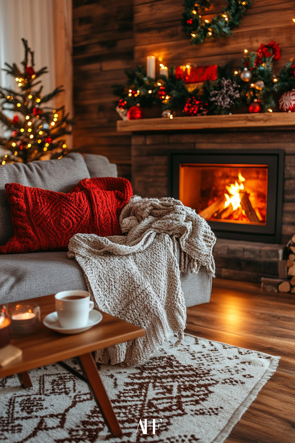 A cozy Christmas home with a fireplace and a sofa in front of it. A red pillow and a wooden coffee table with a cup of coffee on it.