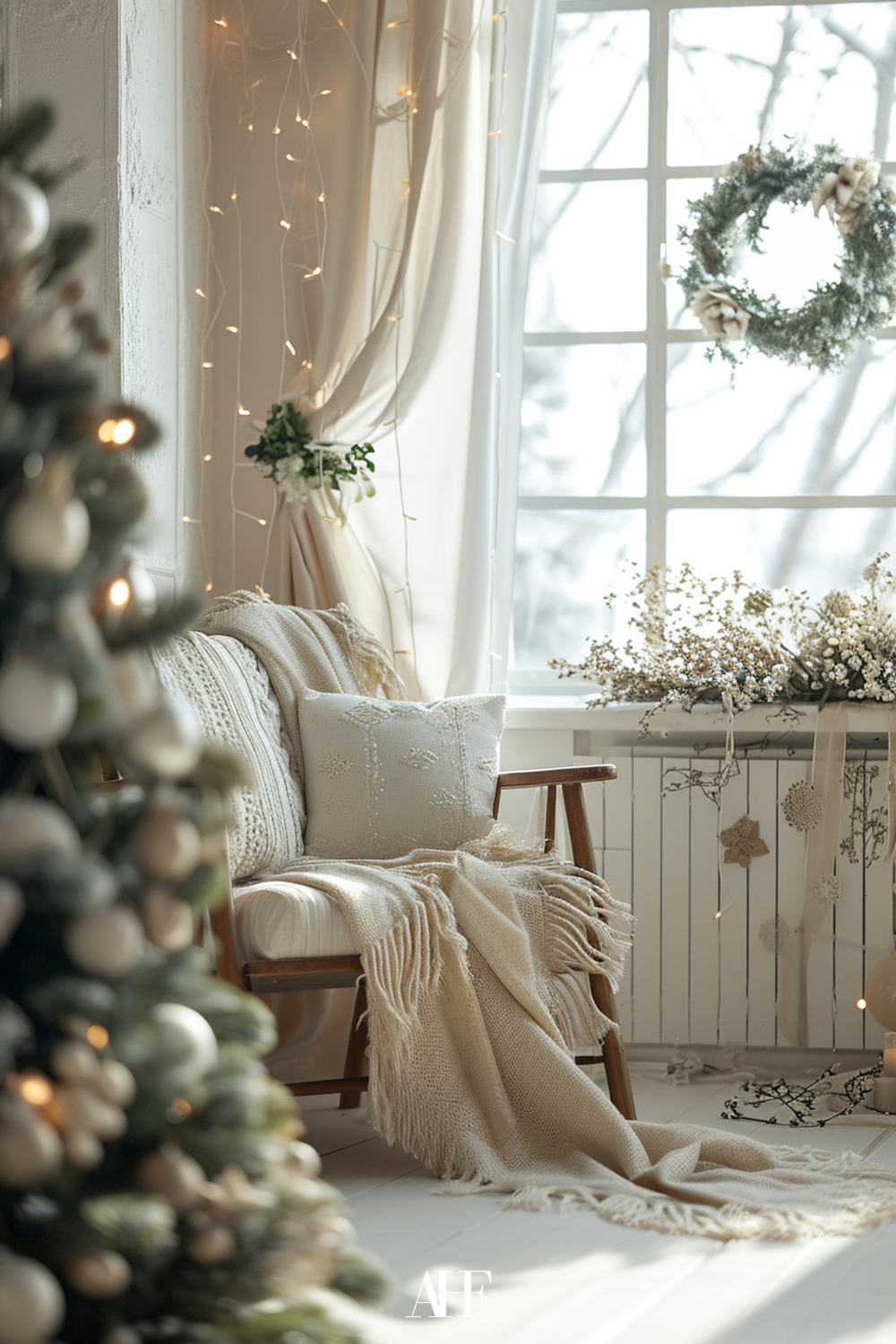A cozy Christmas corner with an armchair, a window, a Christmas tree and a lot of Christmas decorations. 