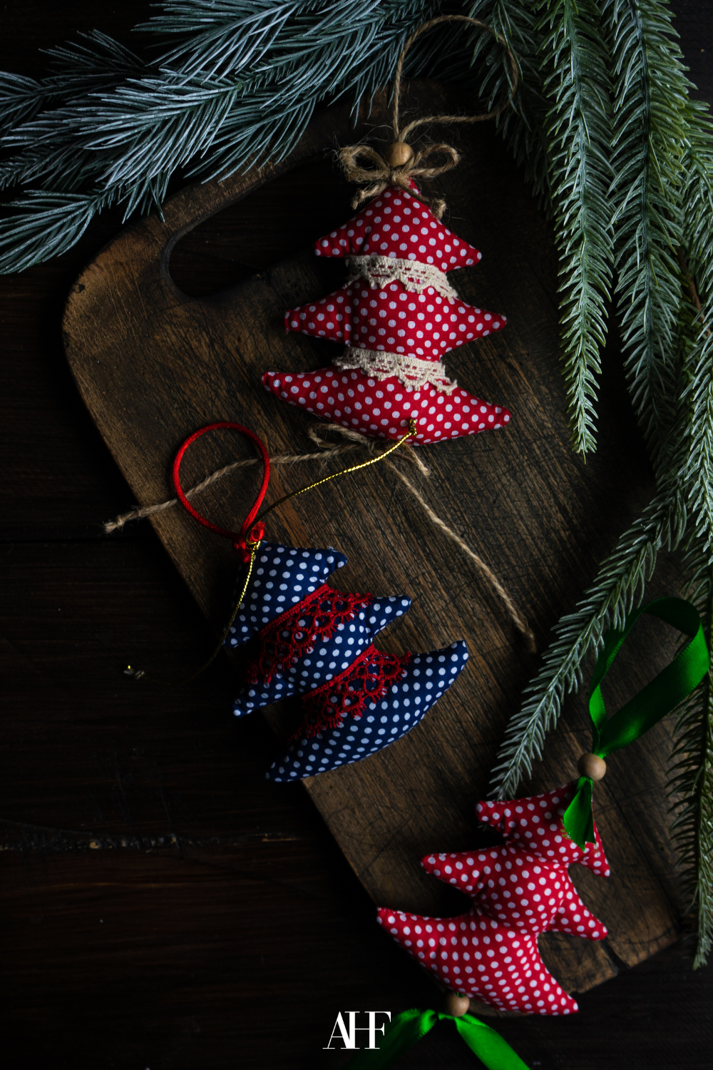 Beautiful Christmas ornaments, handmade trees.