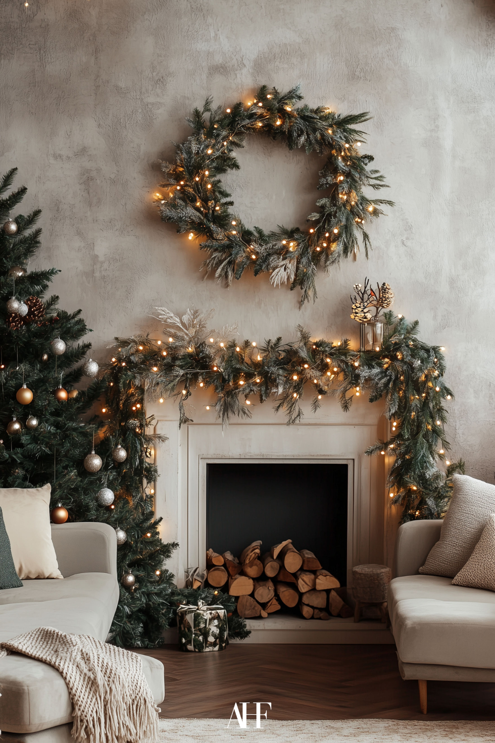A cozy Christmas home with a mantle and a christmas tree to the left, two beige sofas facing each other and a christmas wreath above the mantle. 