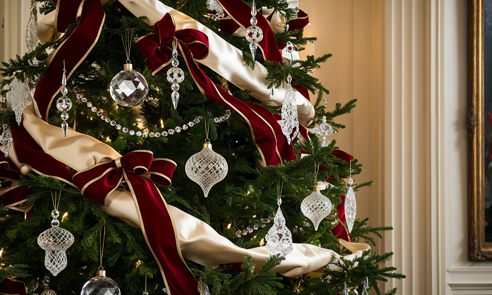 Closeup on a Ralph Lauren inspired Christmas tree. Red bows and glass ornaments.