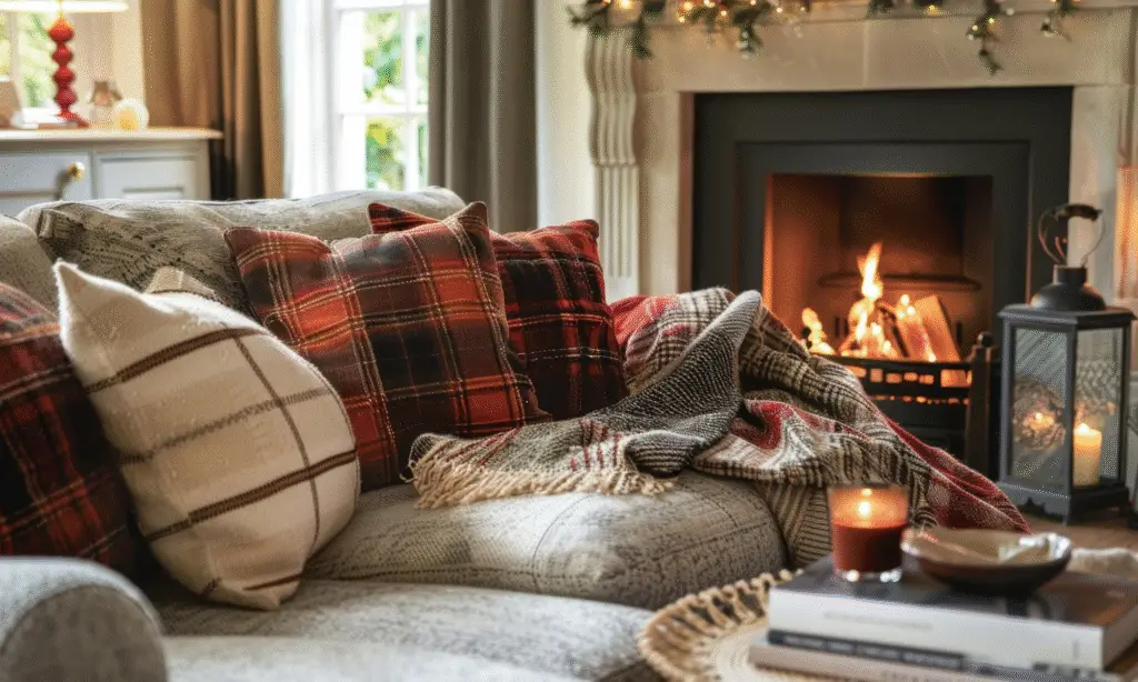 A Ralph Lauren Christmas decor living room with a fireplace.