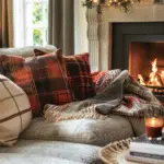 A Ralph Lauren Christmas decor living room with a fireplace.
