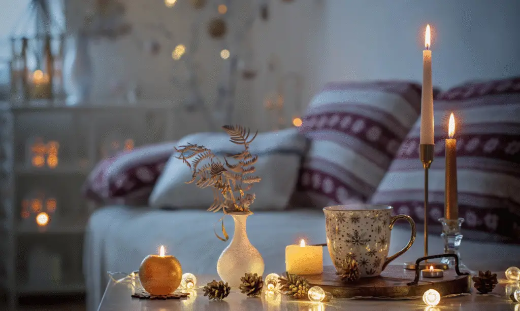 A cozy Christmas home living room with a beige sofa and lots of Christmas decorations.