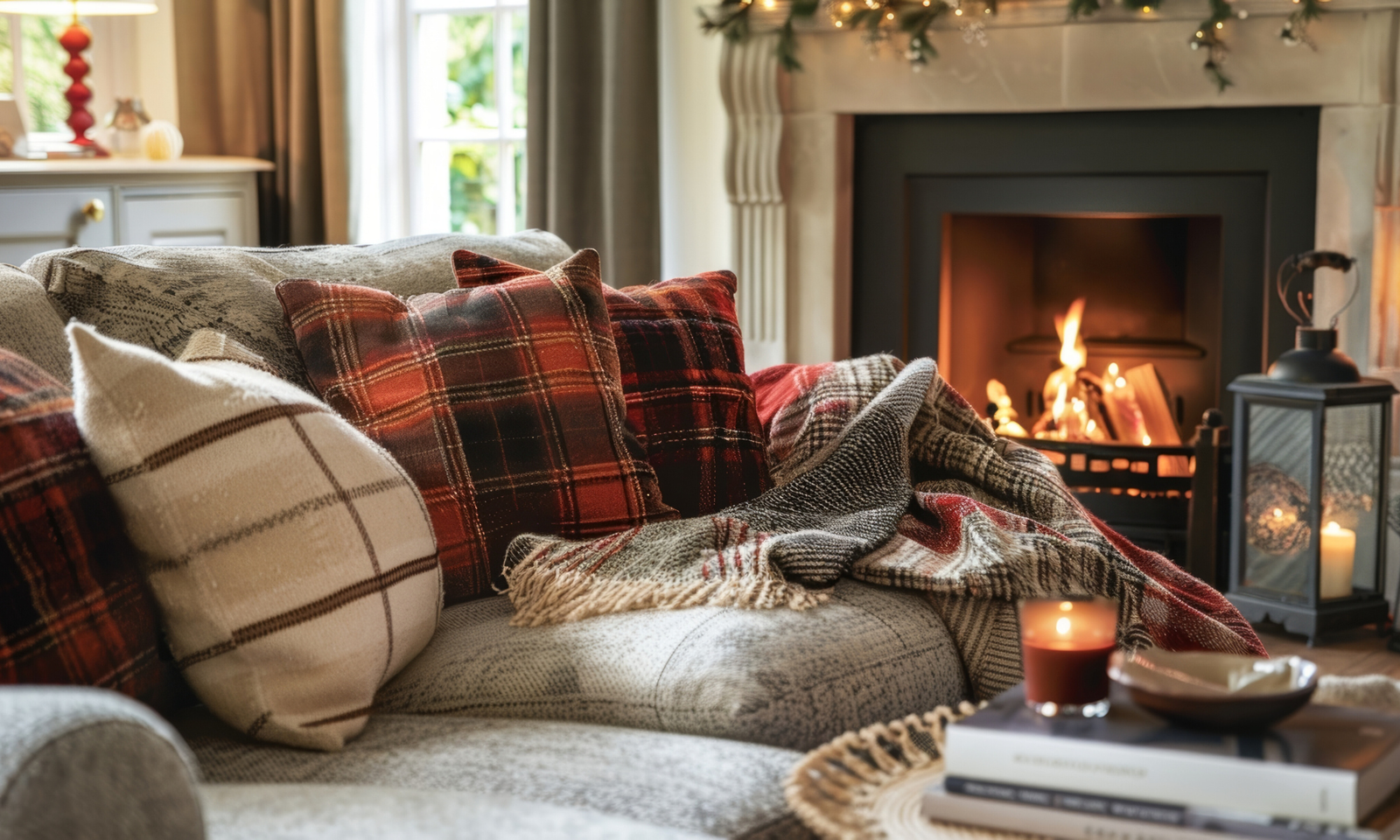 A Ralph Lauren Christmas decor living room with a fireplace.